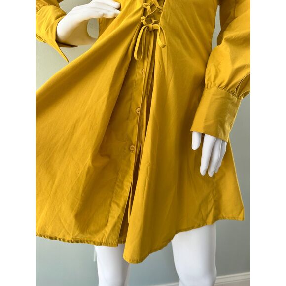 Haute Monde Yellow Corset Lace Up Button Down Mini Shirt Dress size Medium - Picture 6 of 8